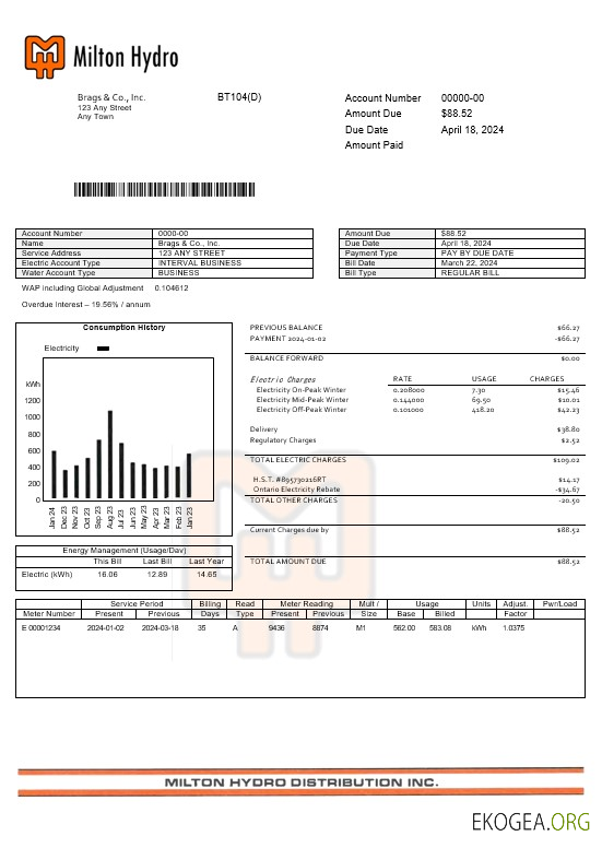 Canada Milton Hydro facture de services publics d'électricité pour les entreprises Formats Word et PDF
